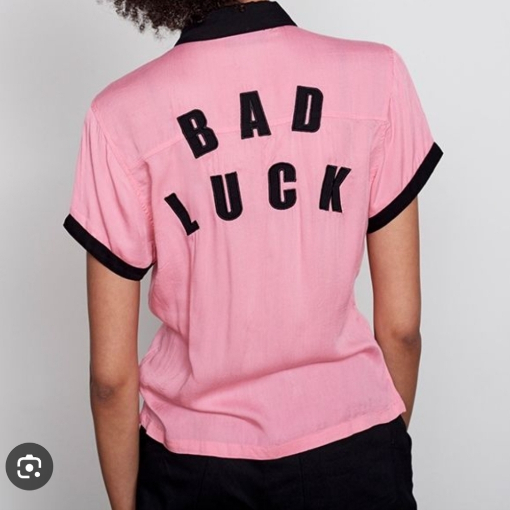 Lazy Oaf Bad Luck Blouse Button Down Sz L Black P… - image 1